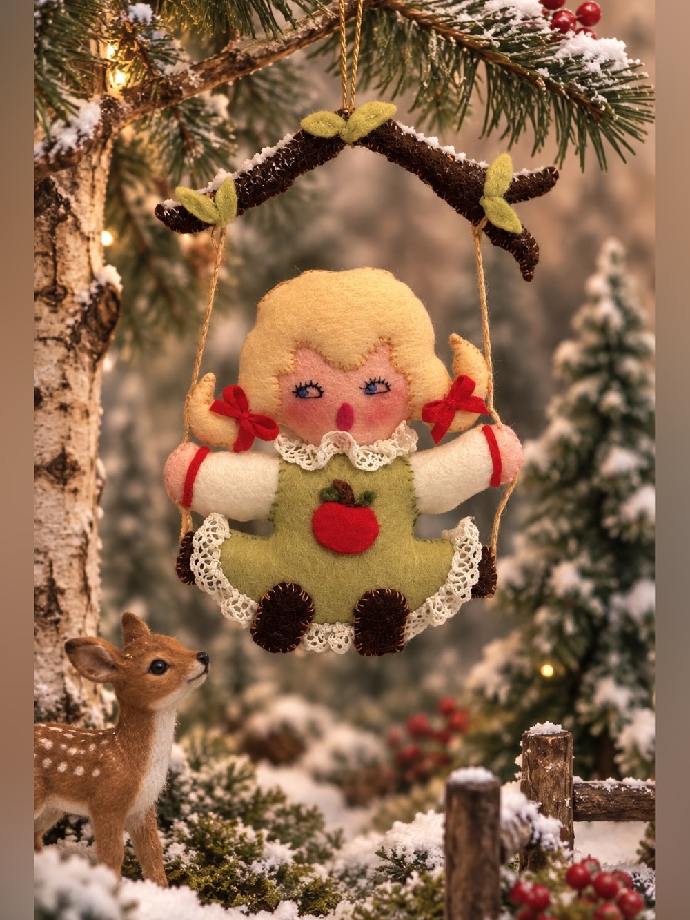 Vintage Bucilla Apple Girl on a Swing Holiday Christmas Ornament
